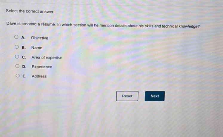 select the correct answer. dave is creating a résumé. in which section …