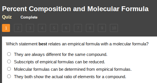 percent composition and molecular formula quiz complete 1 2 3 4 5 6 7 8…