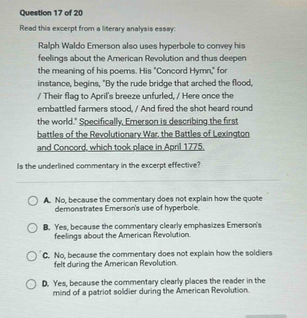question 17 of 20 read this excerpt from a literary analysis essay: ral…