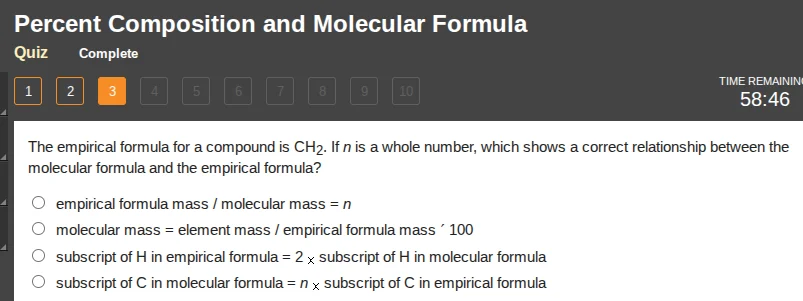 percent composition and molecular formula quiz complete time remaining …