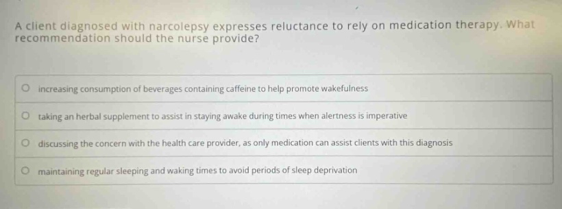 a client diagnosed with narcolepsy expresses reluctance to rely on medi…