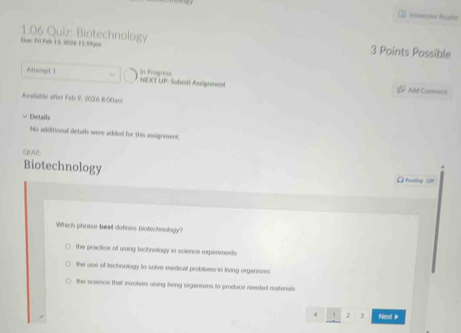 1.06 quiz: biotechnology due: fri feb 13, 2026 11:59pm 3 points possibl…