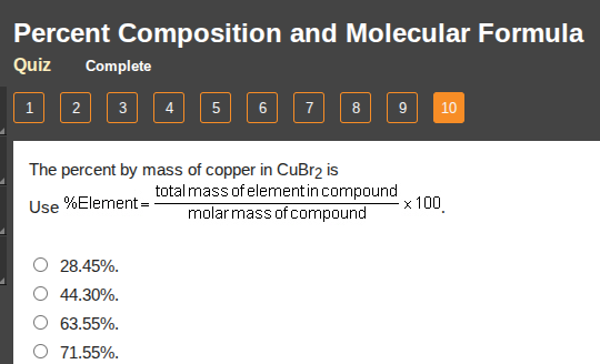 percent composition and molecular formula quiz complete 1 2 3 4 5 6 7 8…