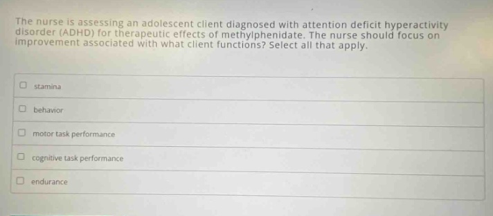 the nurse is assessing an adolescent client diagnosed with attention de…
