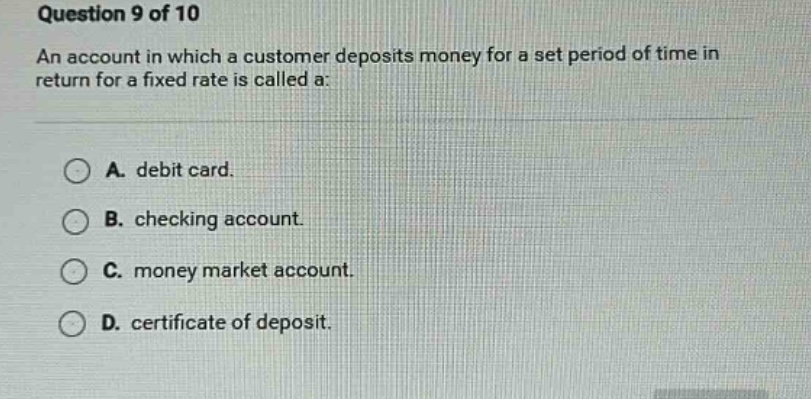 question 9 of 10 an account in which a customer deposits money for a se…