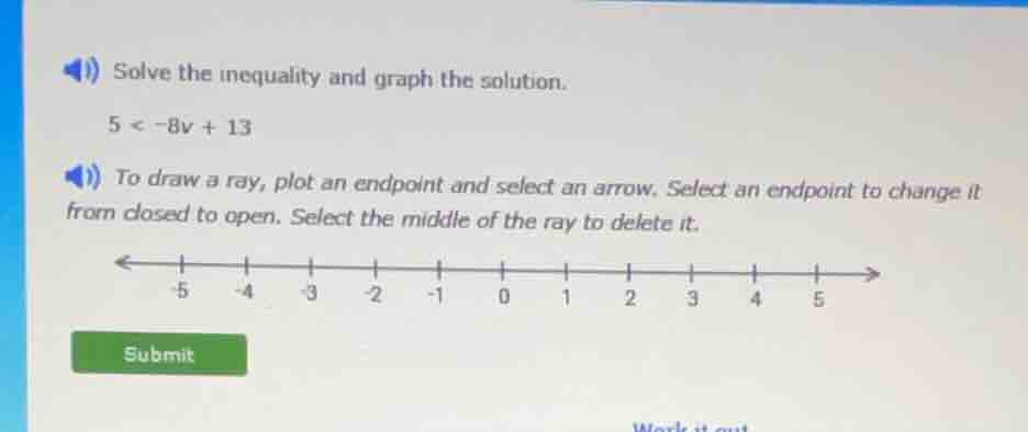 1) solve the inequality and graph the solution. $5 < -8v + 13$ 1) to dr…