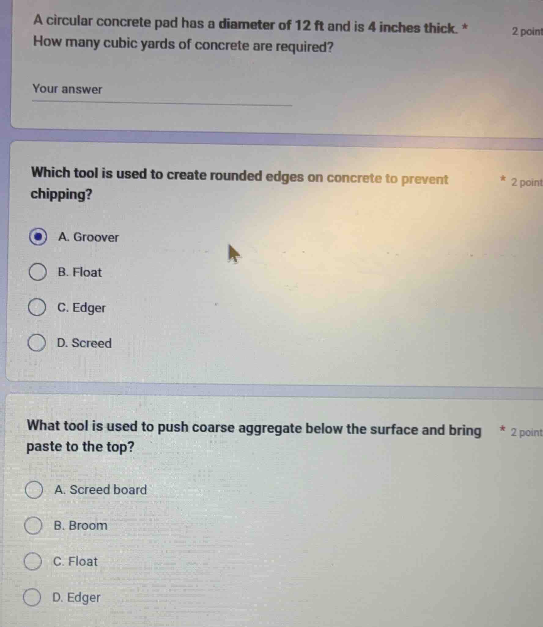 a circular concrete pad has a diameter of 12 ft and is 4 inches thick. …