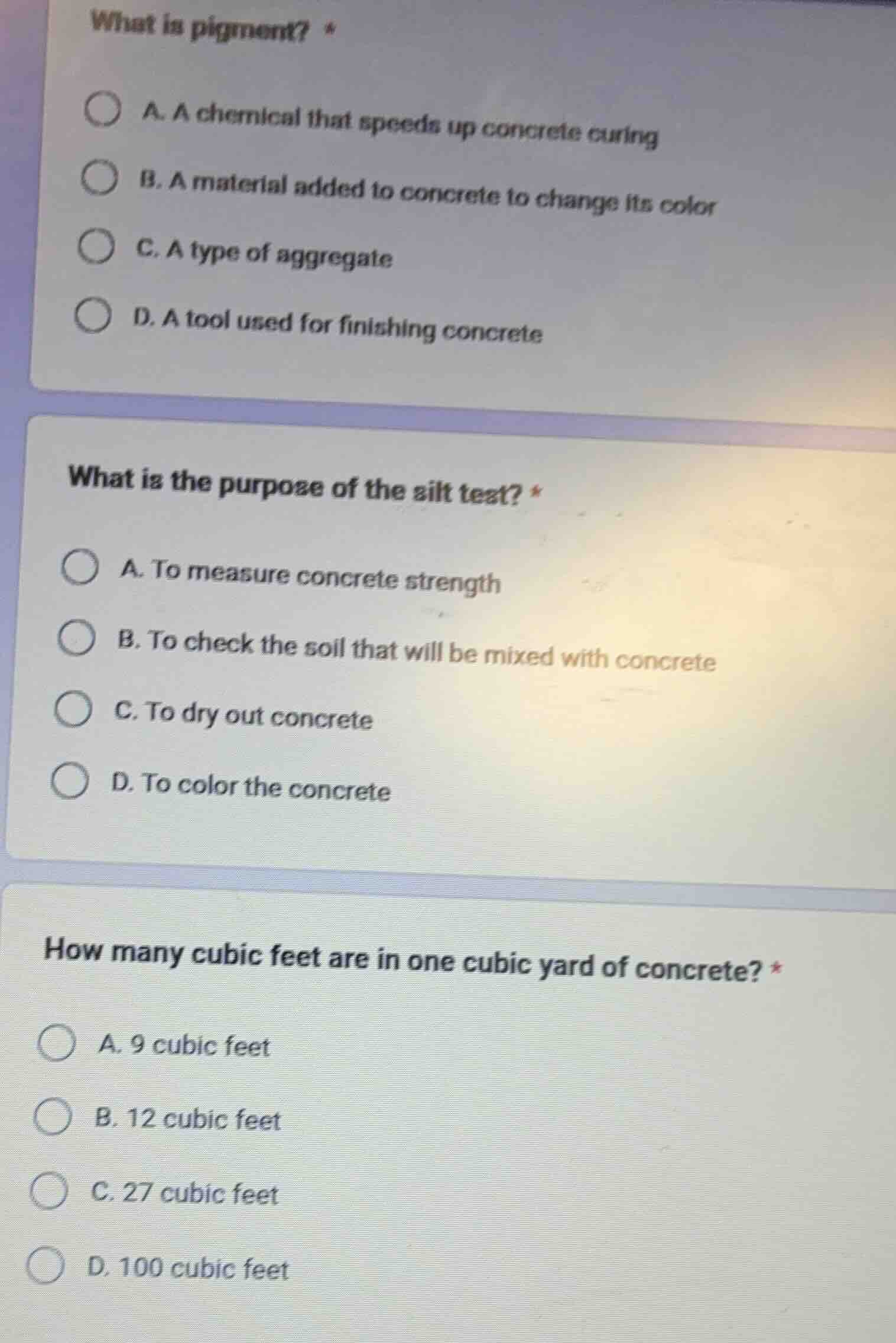 what is pigment? * a. a chemical that speeds up concrete curing b. a ma…