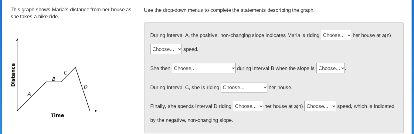 this graph shows marias distance from her house as she takes a bike rid…