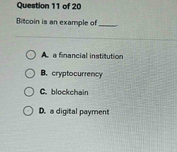question 11 of 20 bitcoin is an example of ______. a. a financial insti…