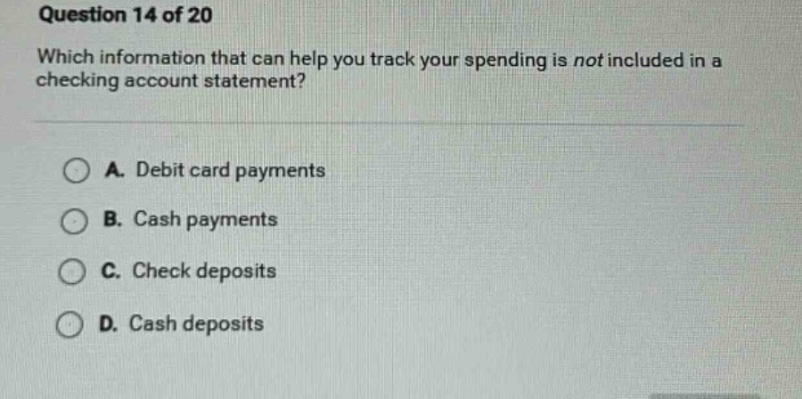 question 14 of 20 which information that can help you track your spendi…