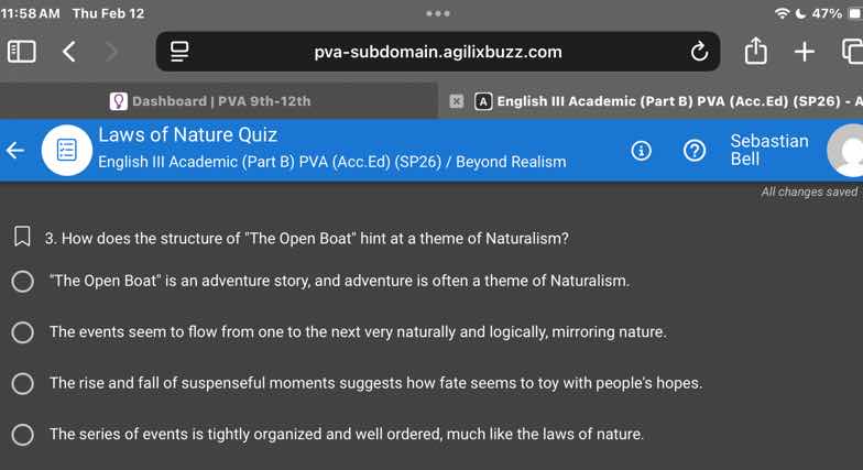 laws of nature quiz english iii academic (part b) pva (acc.ed) (sp26) /…