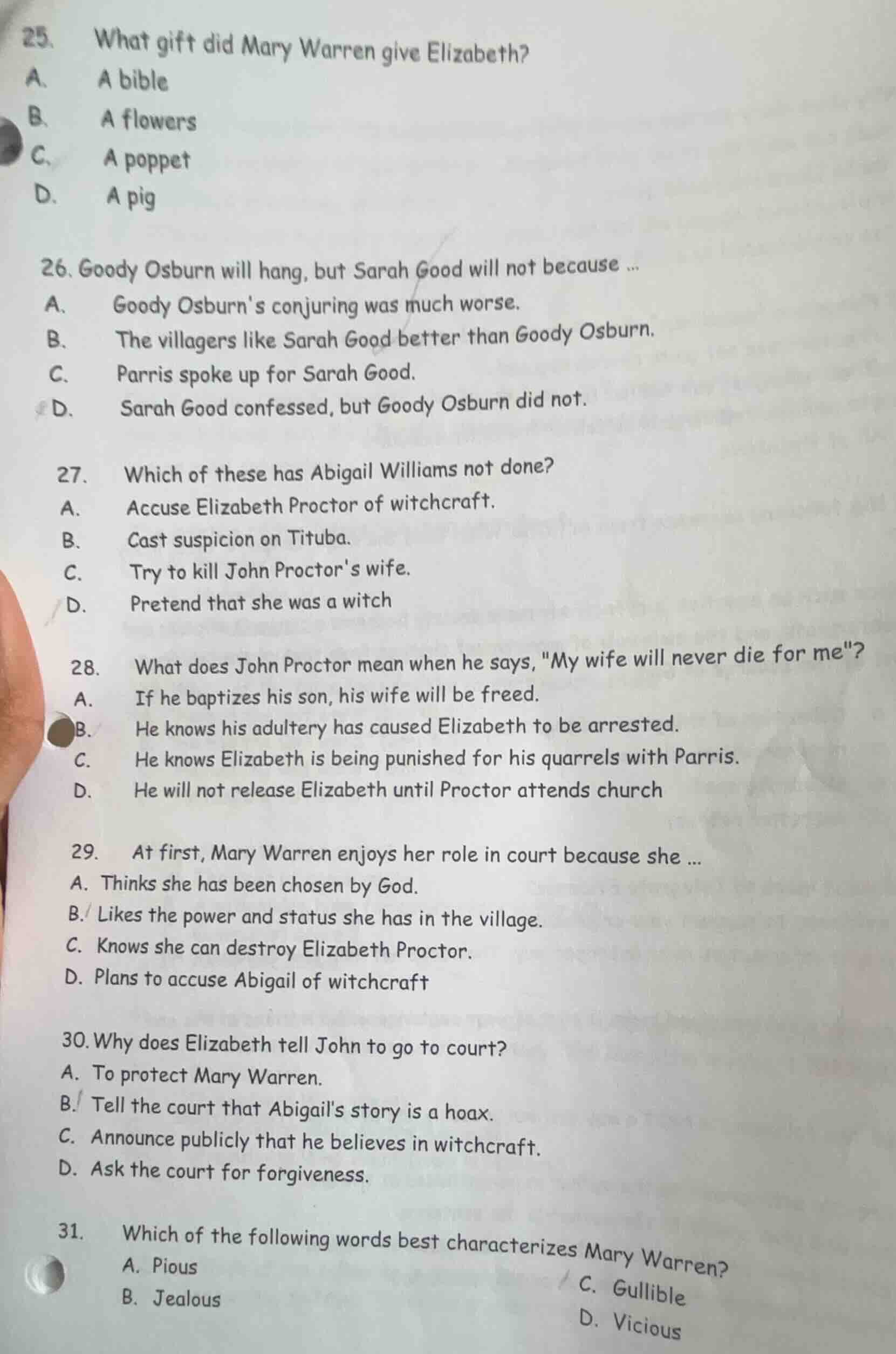 25. what gift did mary warren give elizabeth? a. a bible b. a flowers c…
