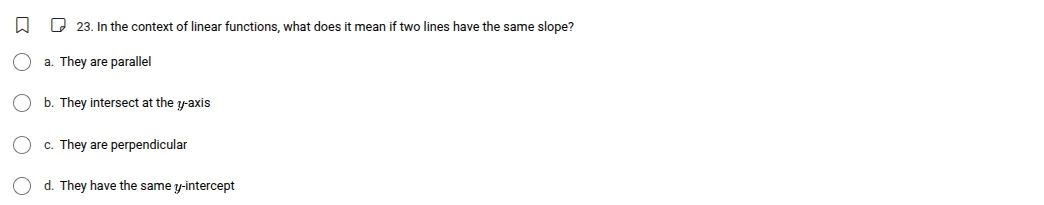 23. in the context of linear functions, what does it mean if two lines …