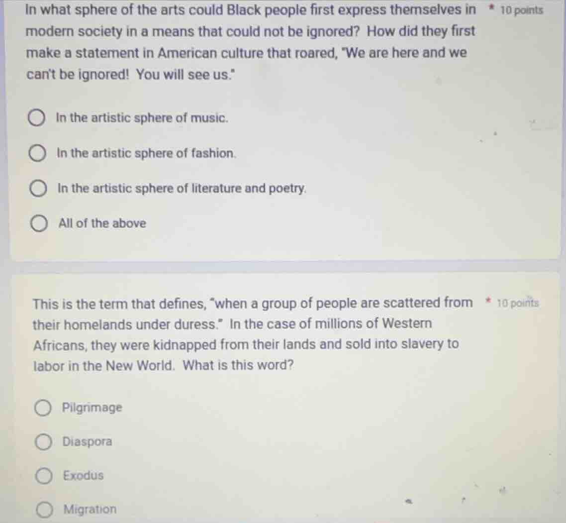 10 points in what sphere of the arts could black people first express t…