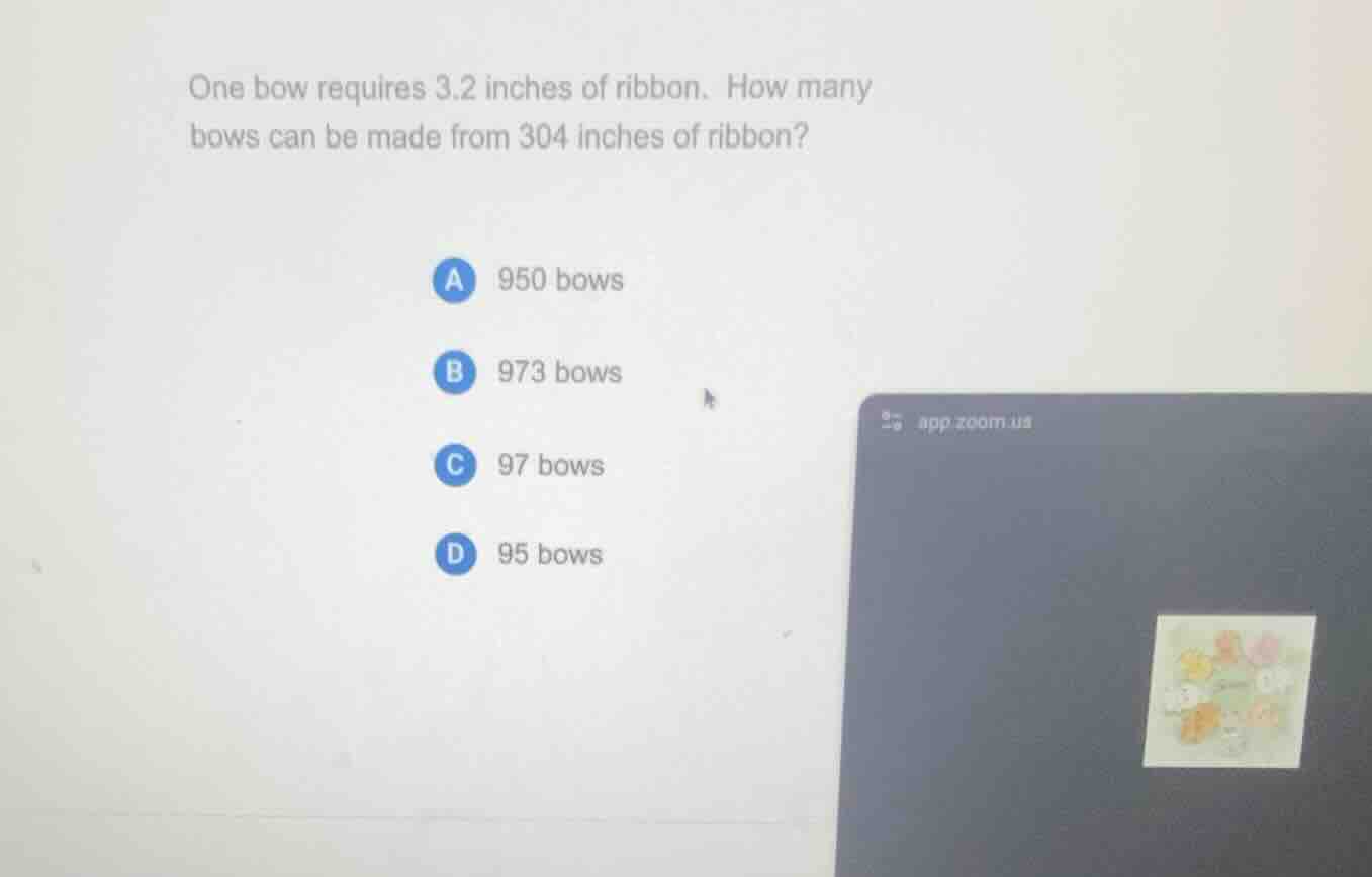 one bow requires 3.2 inches of ribbon. how many bows can be made from 3…