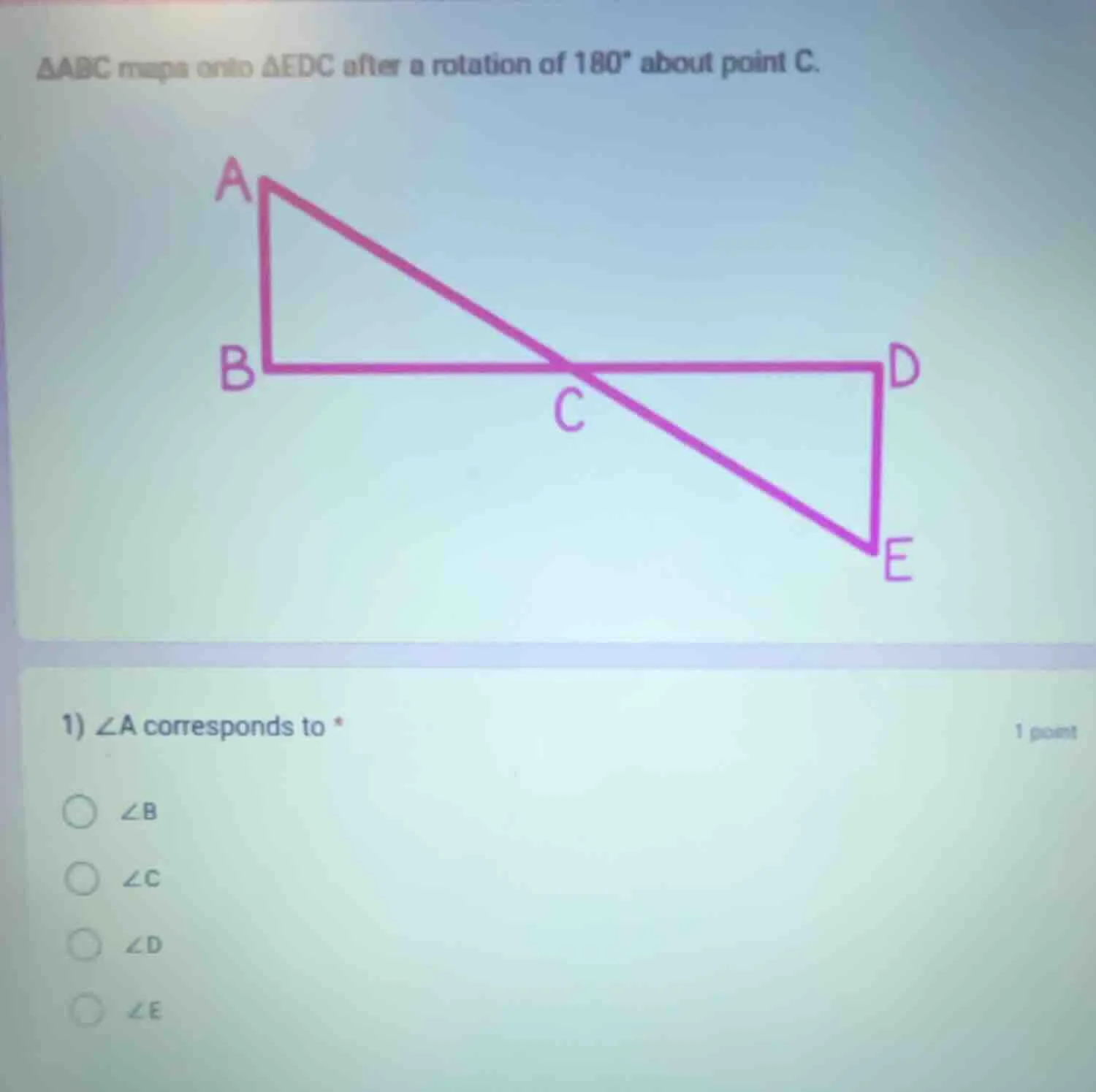 $\\triangle abc$ maps onto $\\triangle edc$ after a rotation of $180^\\…