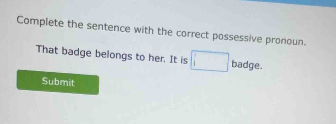complete the sentence with the correct possessive pronoun. that badge b…