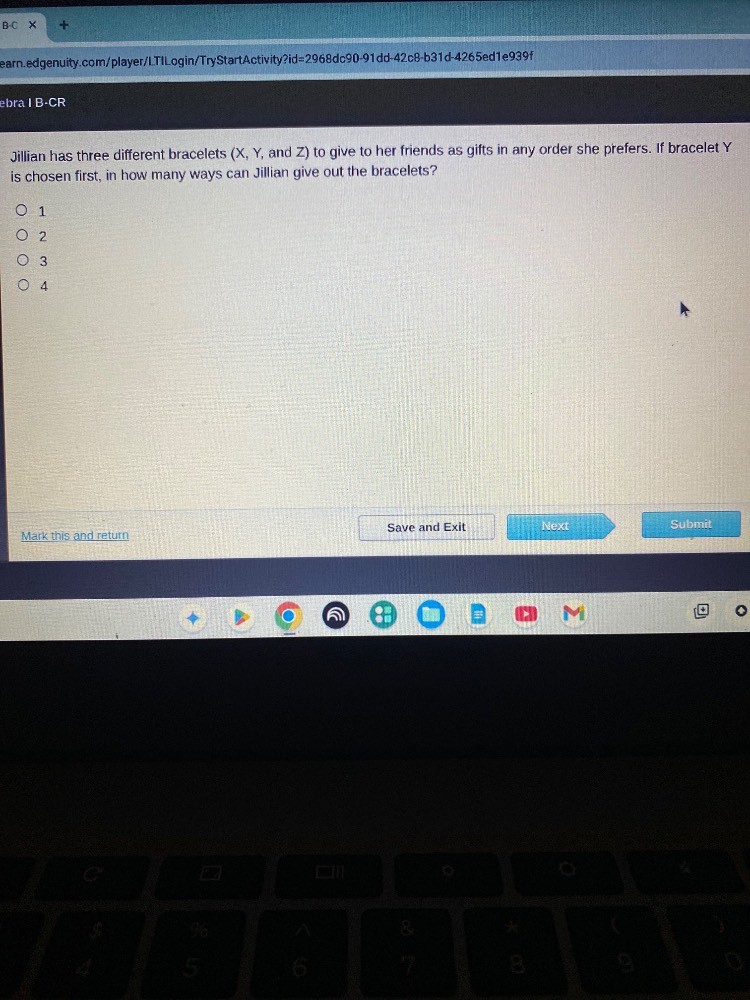 jillian has three different bracelets (x, y, and z) to give to her frie…