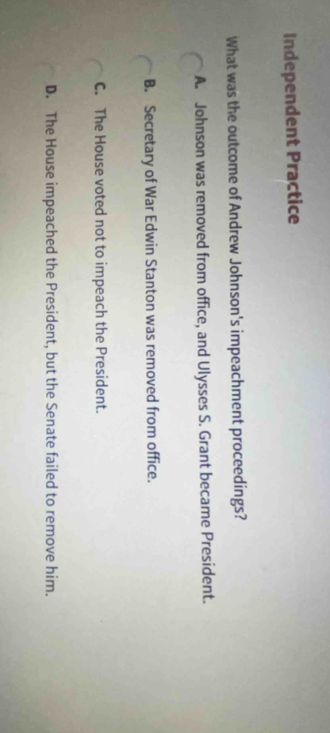 independent practice what was the outcome of andrew johnsons impeachmen…