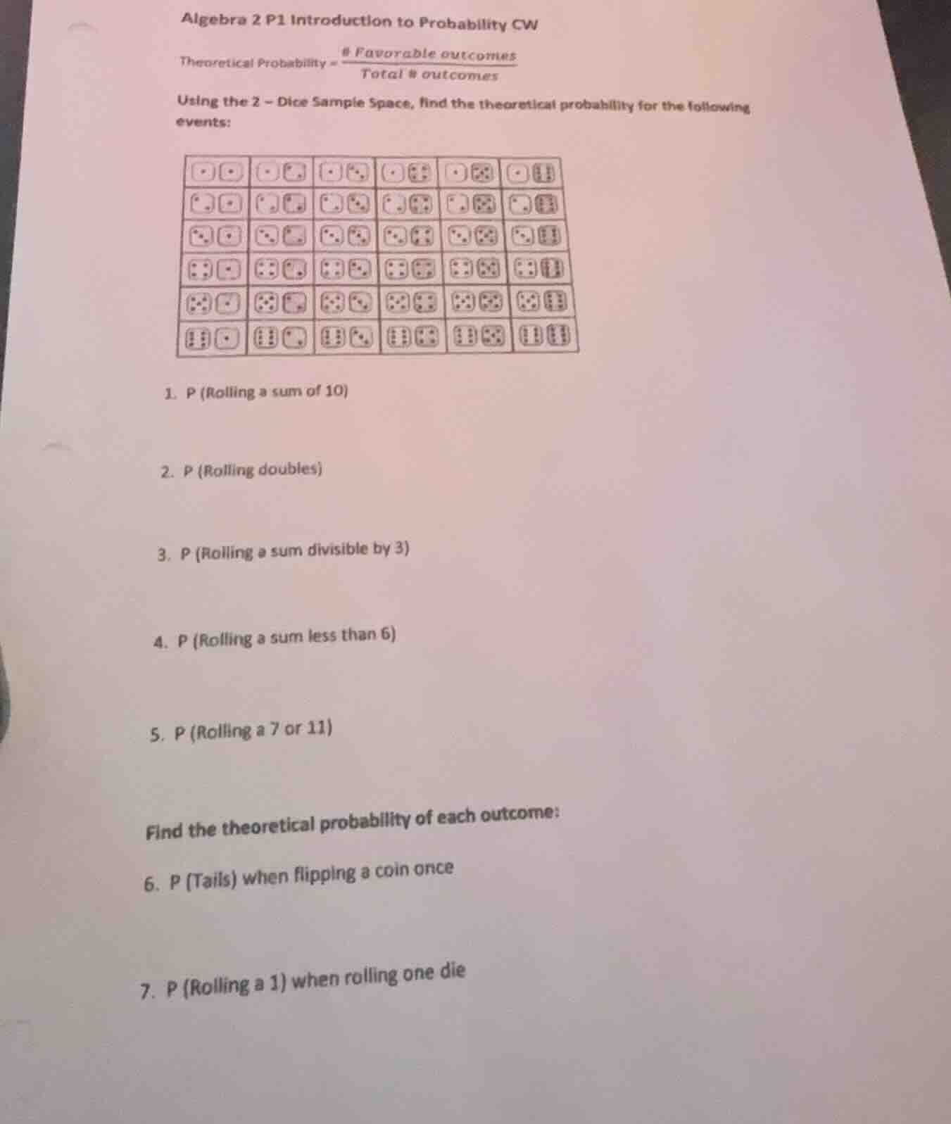 algebra 2 p1 introduction to probability cw theoretical probability $=\…
