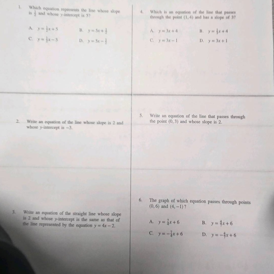 1. which equation represents the line whose slope is $\frac{1}{2}$ and …