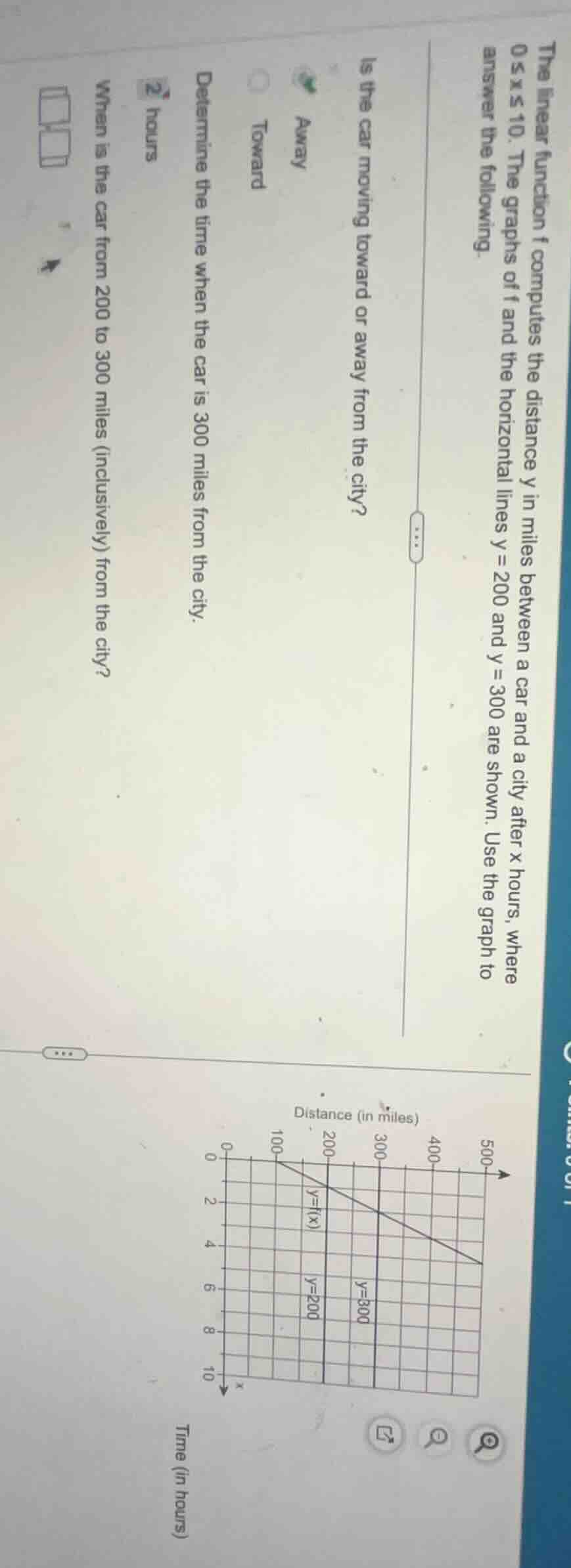 the linear function f computes the distance y in miles between a car an…