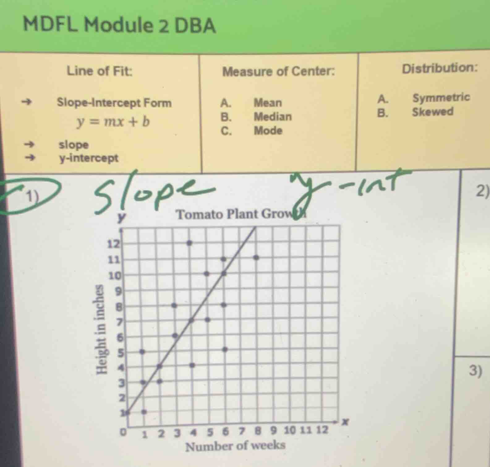 mdfl module 2 dba line of fit: → slope-intercept form $y = mx + b$ → sl…