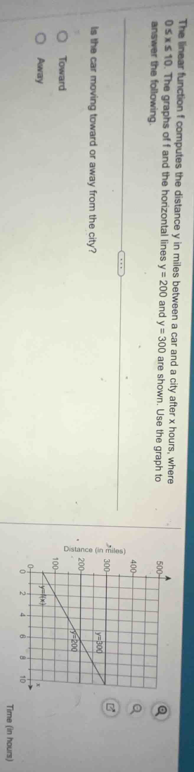 the linear function f computes the distance y in miles between a car an…
