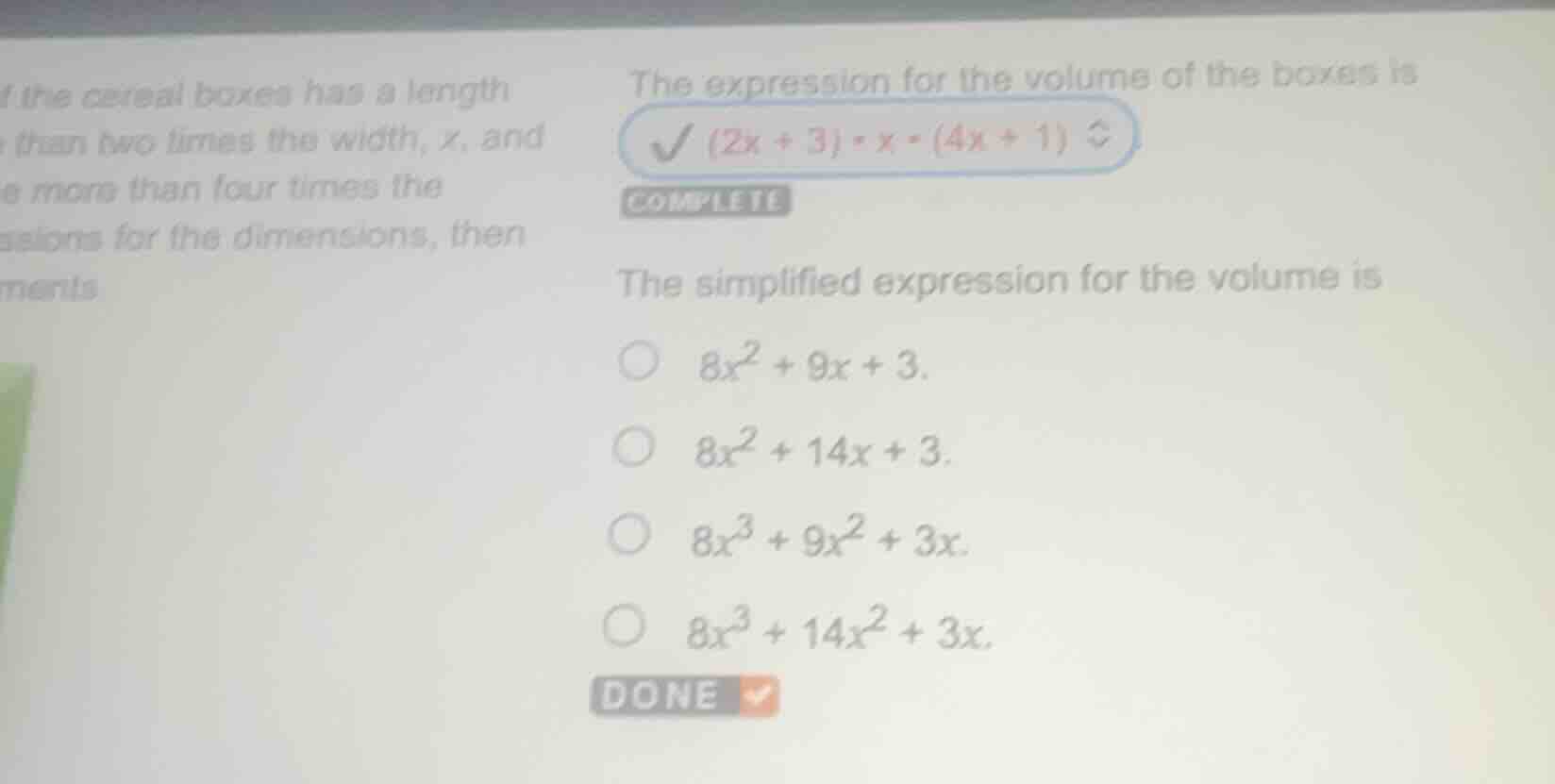 of the cereal boxes has a length than two times the width, $x$, and mor…