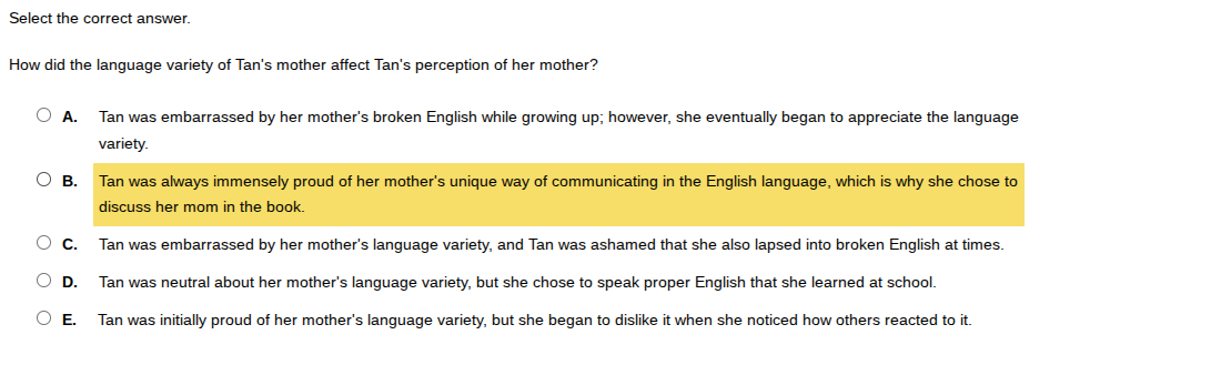 select the correct answer. how did the language variety of tans mother …