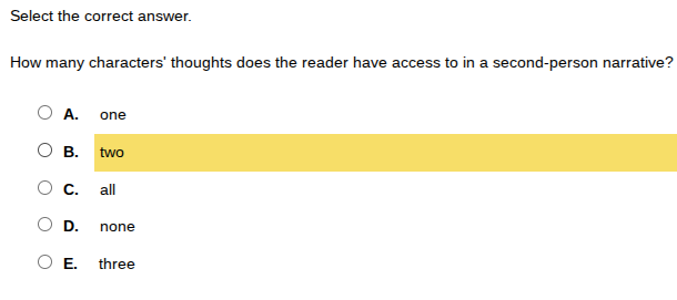 select the correct answer. how many characters thoughts does the reader…