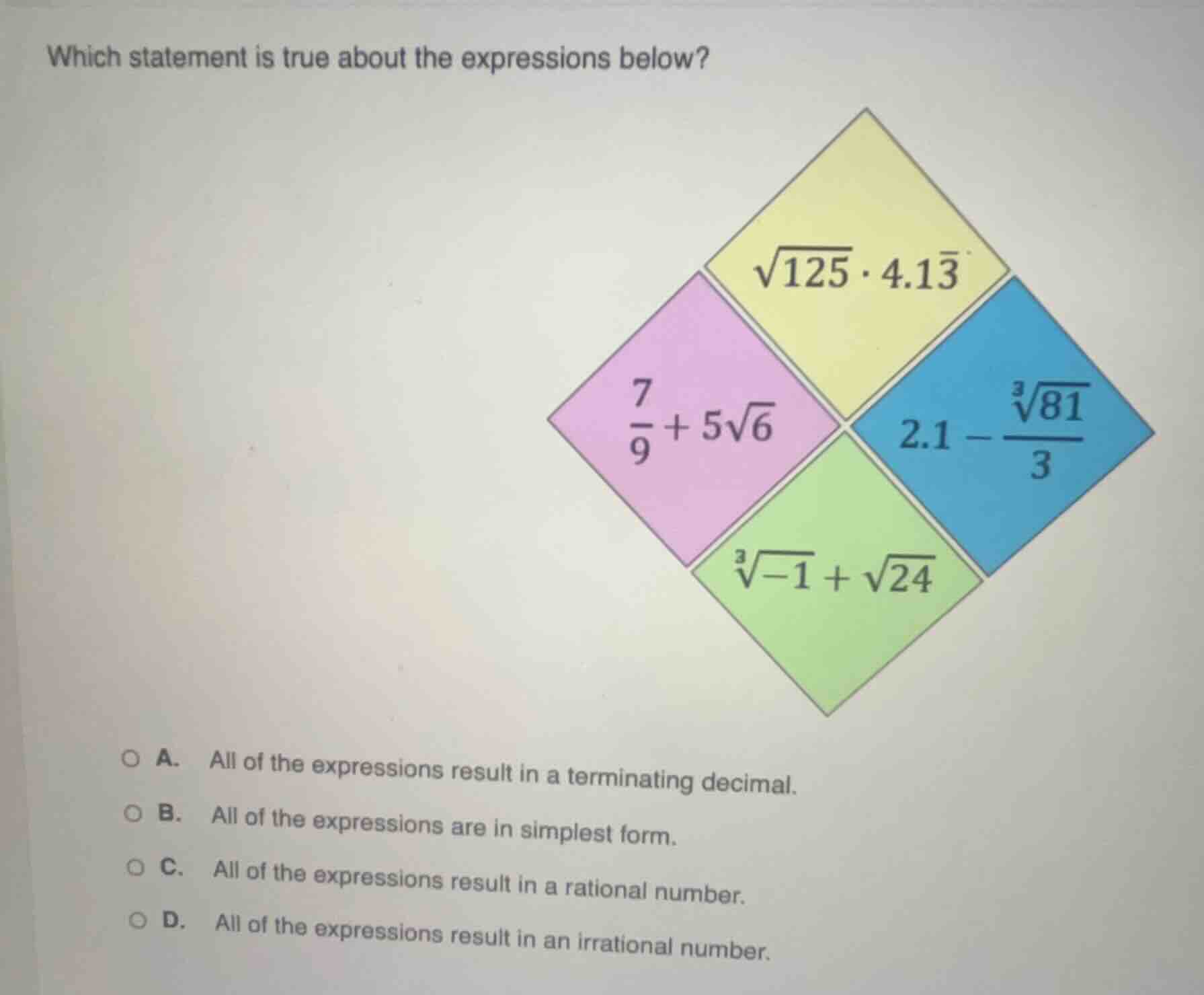 which statement is true about the expressions below?$sqrt{125} cdot 4.1…