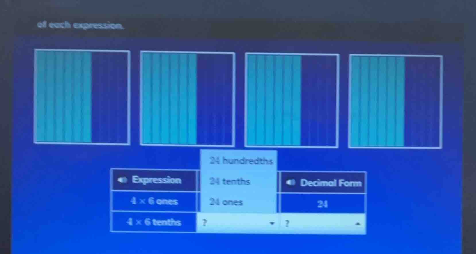of each expression. expression $4 \\times 6$ ones $4 \\times 6$ tenths …