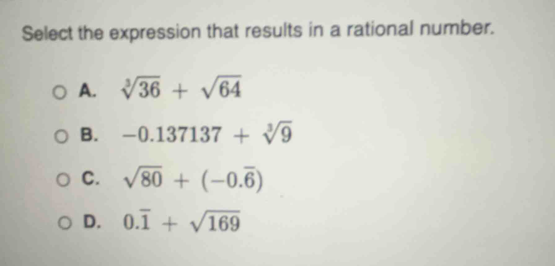 select the expression that results in a rational number. a. $sqrt3{36} …