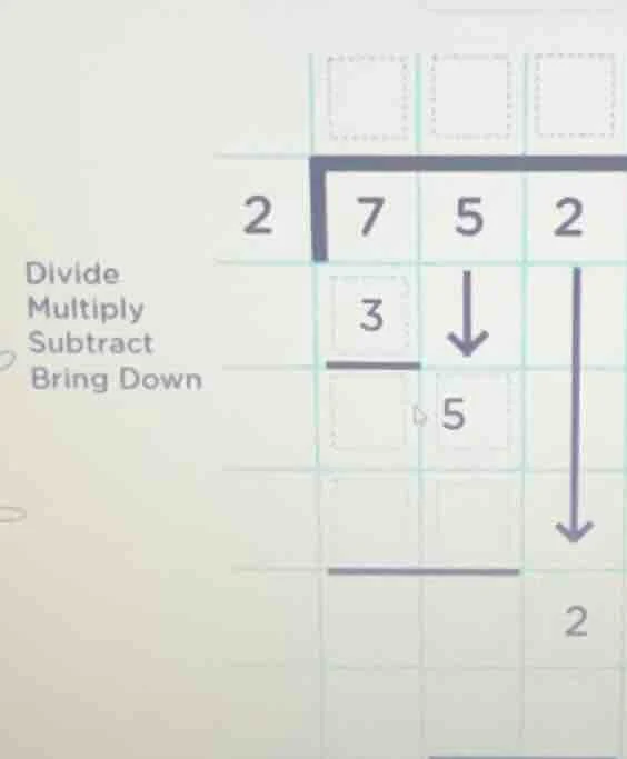 divide multiply subtract bring down 2 ┌────── │7 5 2 │3 ↓ ↓ │─── 5 2 │ …