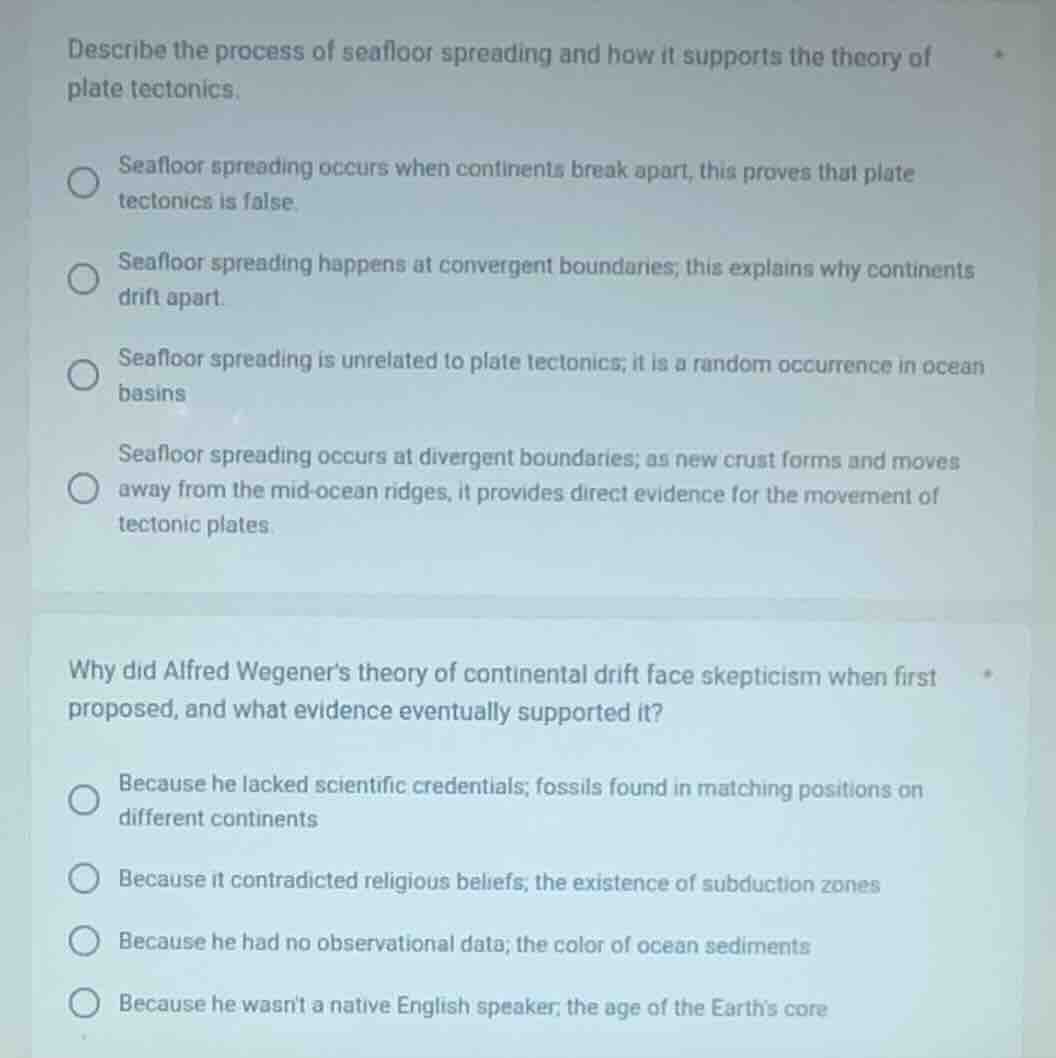 describe the process of seafloor spreading and how it supports the theo…