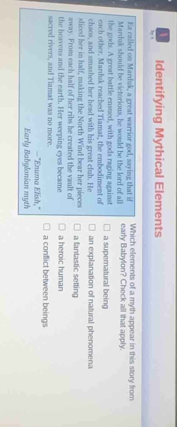 identifying mythical elements which elements of a myth appear in this s…