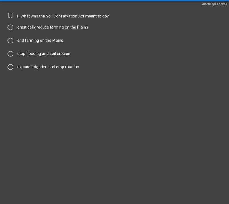 1. what was the soil conservation act meant to do?drastically reduce fa…