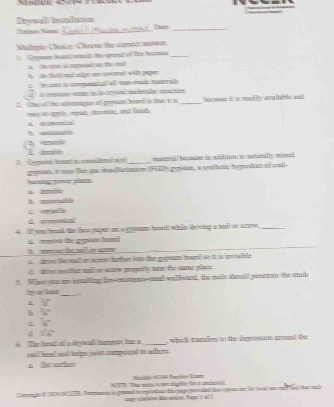 drywall installationtrainee name date:multiple choice: choose the corre…