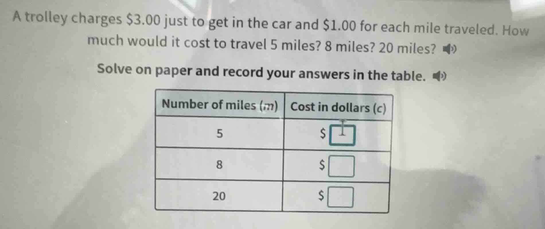 a trolley charges $3.00 just to get in the car and $1.00 for each mile …