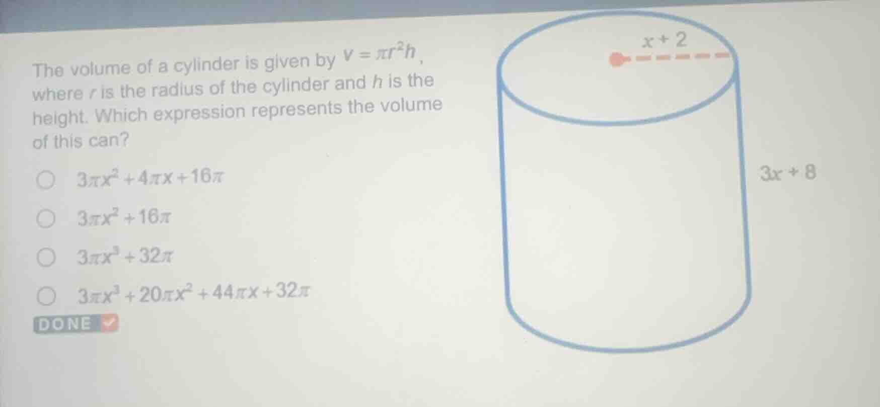 the volume of a cylinder is given by $v = \\pi r^{2}h$, where $r$ is th…