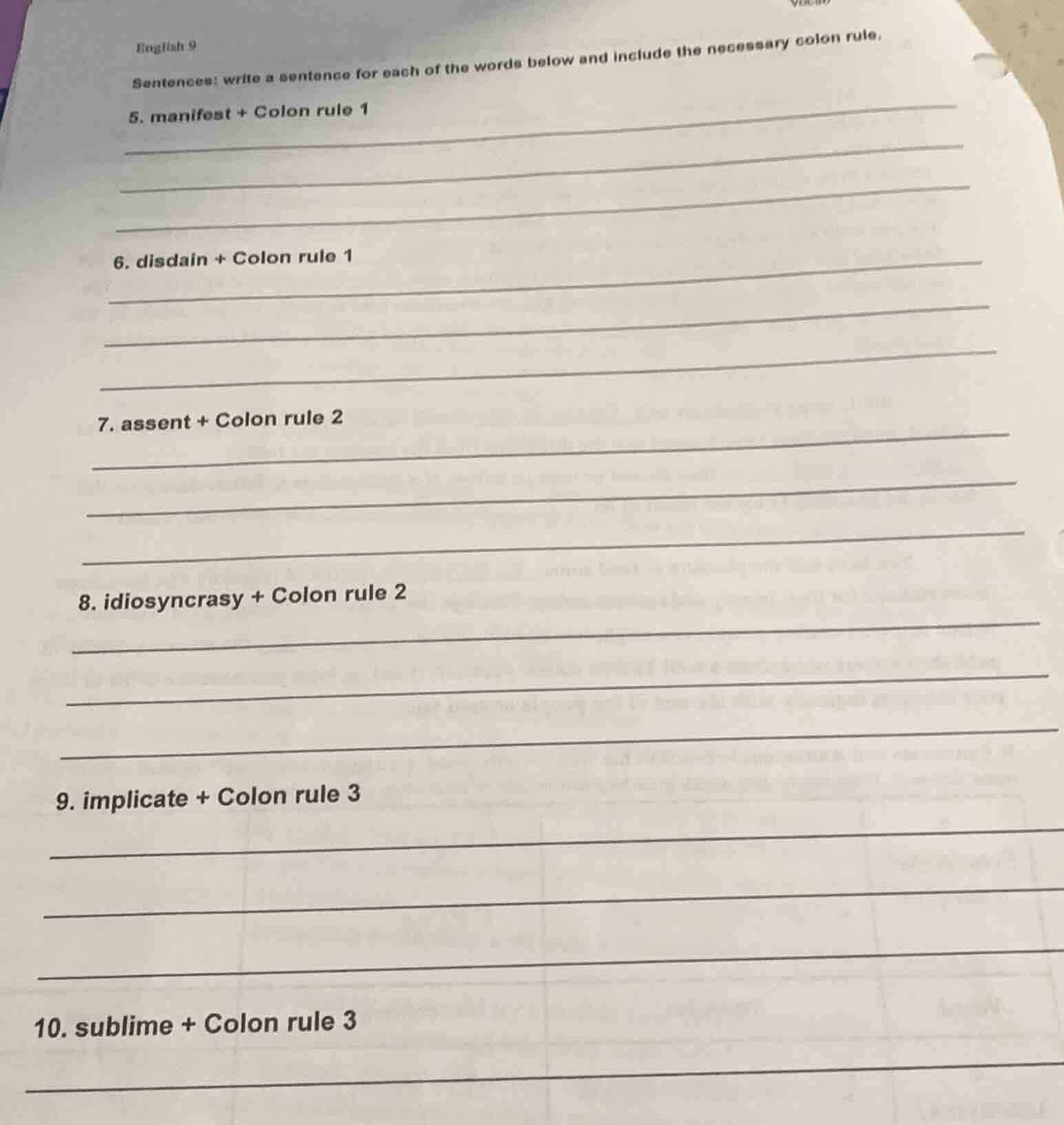 english 9 sentences: write a sentence for each of the words below and i…