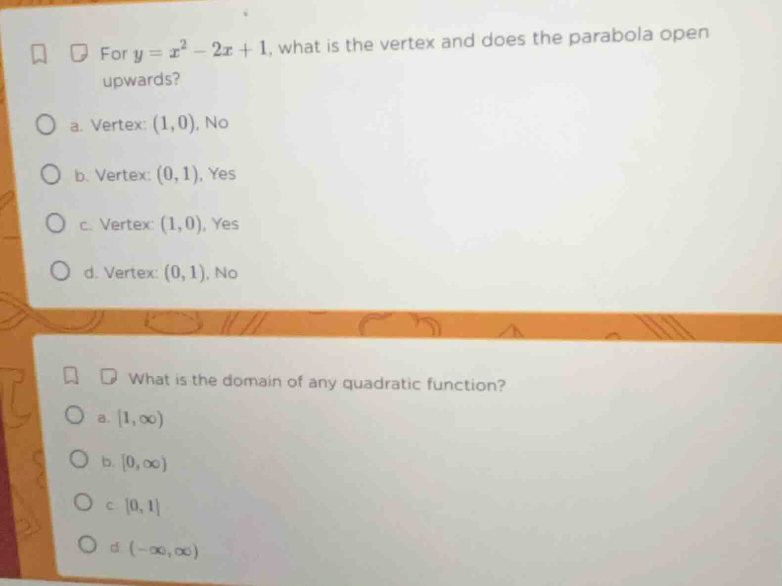 1. for $y = x^2 - 2x + 1$, what is the vertex and does the parabola ope…