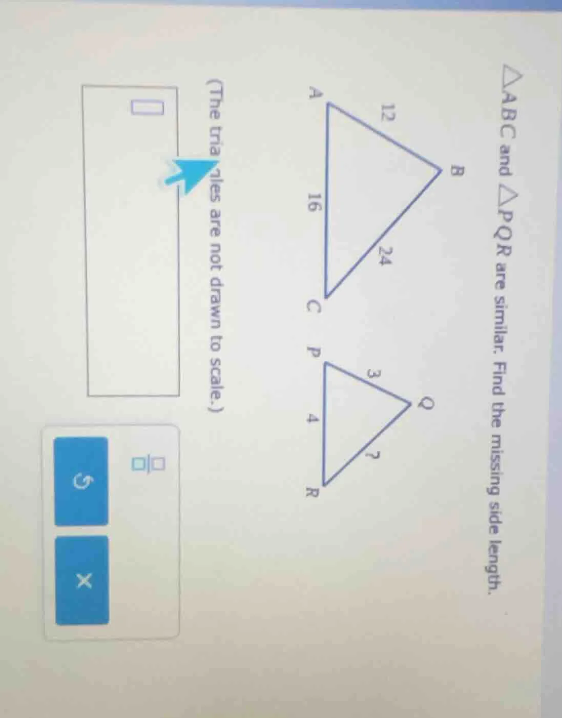 $\\triangle abc$ and $\\triangle pqr$ are similar. find the missing sid…