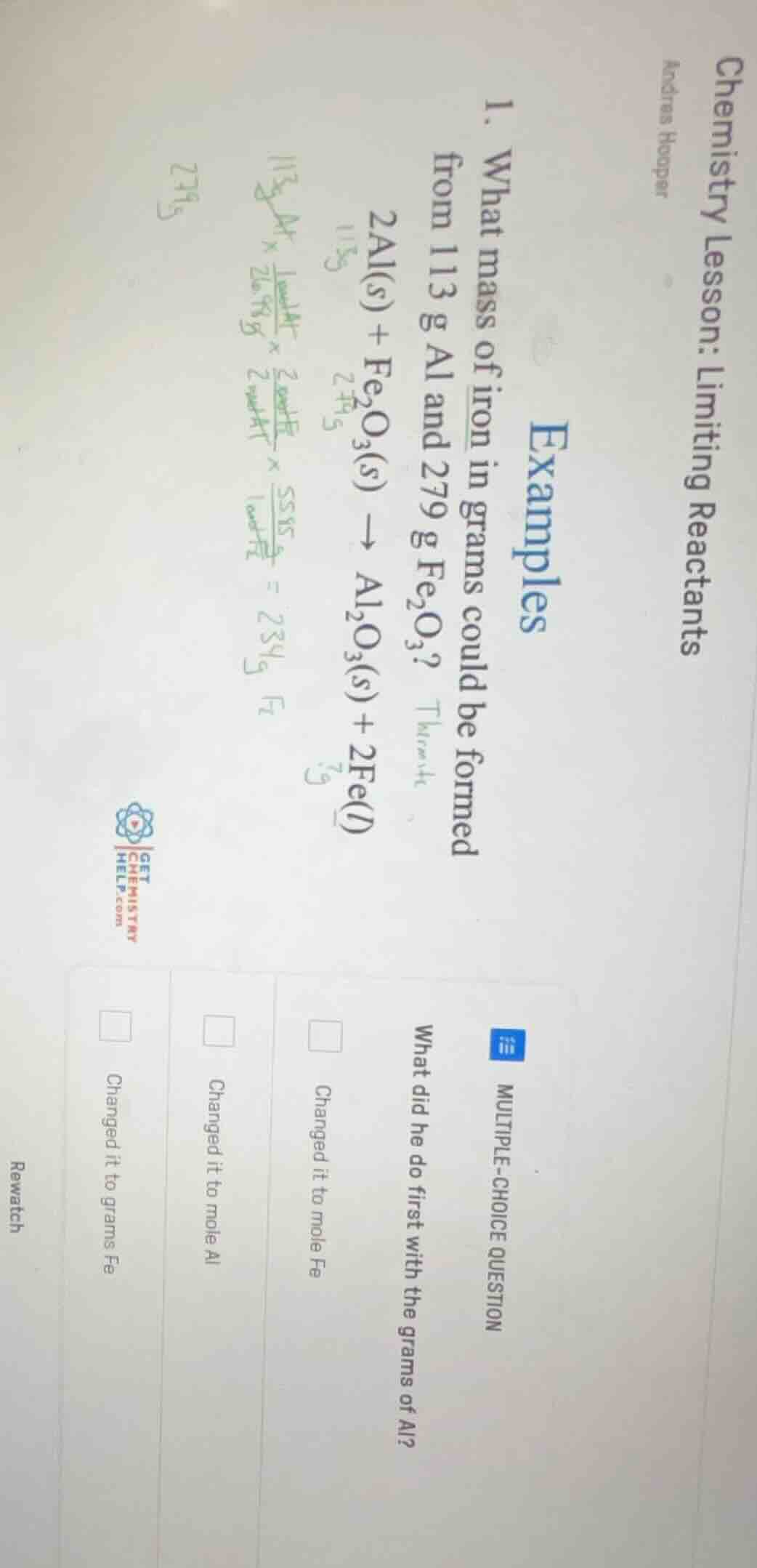 chemistry lesson: limiting reactants andres hooper examples 1. what mas…