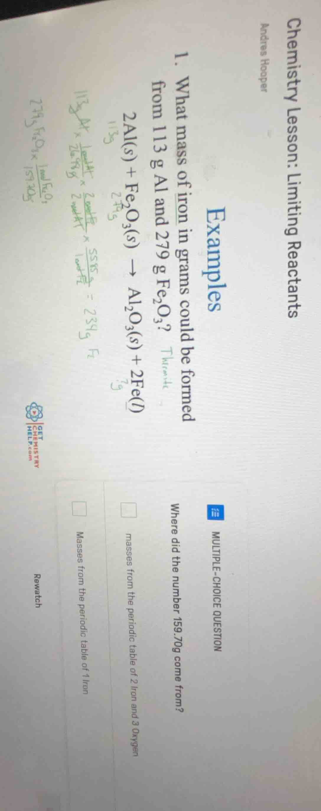 chemistry lesson: limiting reactants andres hooper examples 1. what mas…