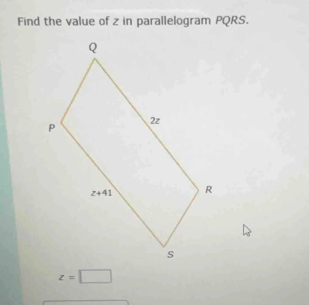 find the value of z in parallelogram pqrs. $z = \\square$