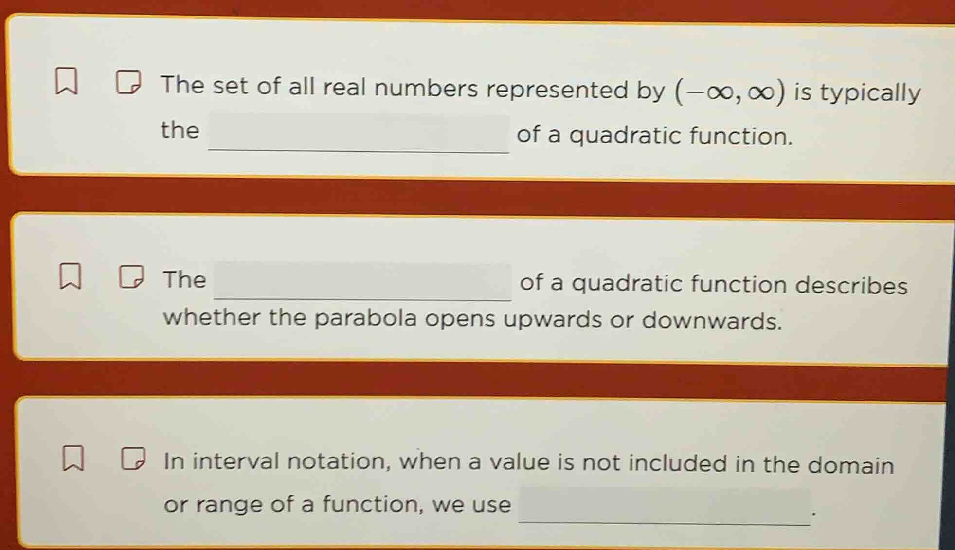1. the set of all real numbers represented by $(-\\infty, \\infty)$ is …