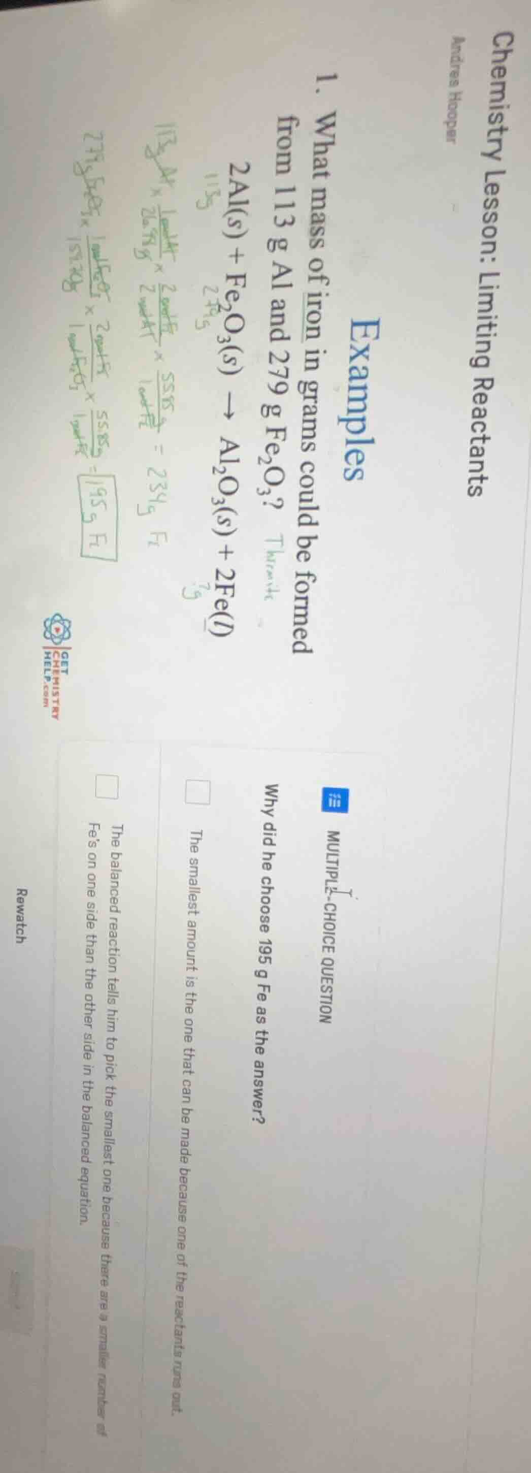 chemistry lesson: limiting reactants andres hooper examples 1. what mas…